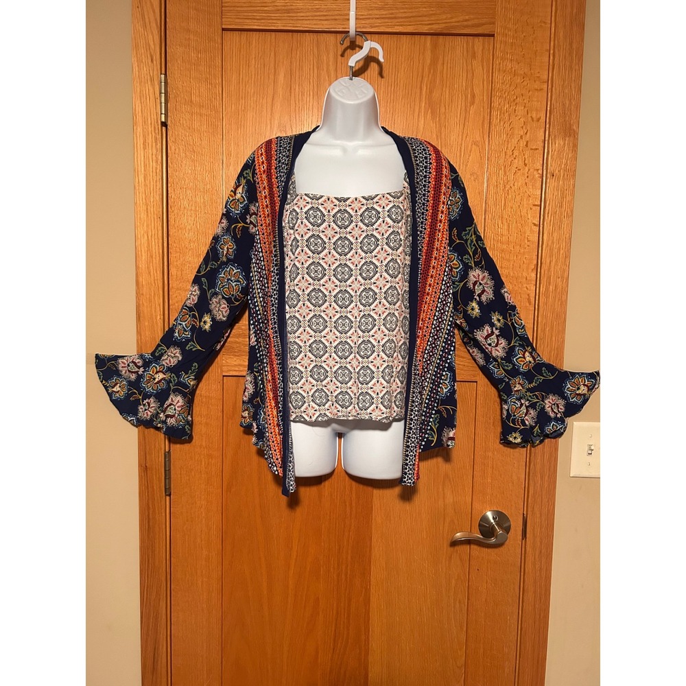 Fig and Flower Anthropologie Boho Floral Bell Sleeve Open Front Cardigan Medium